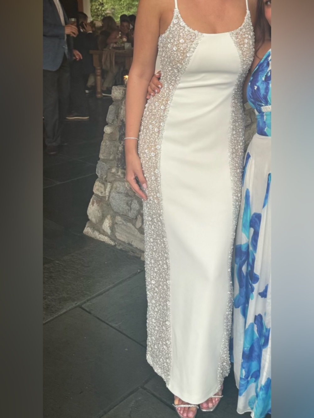 Ivory Beaded Column Maxi Dress with Sheer Side Panels